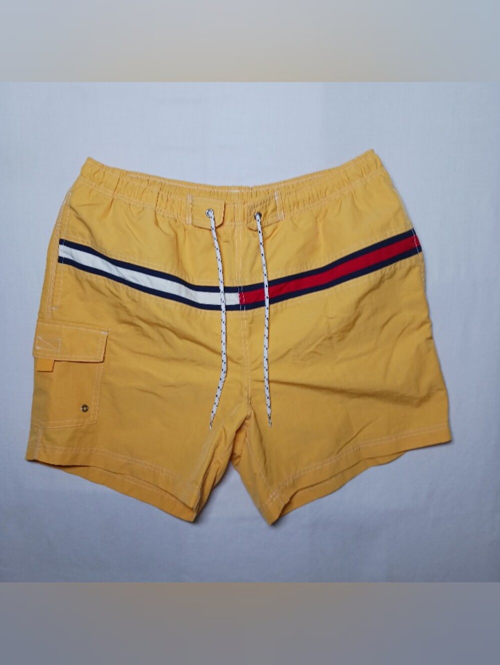 Y2K Tommy Hilfiger Mens Nylon Cargo Swim Trunks XL Yellow Flag 2008